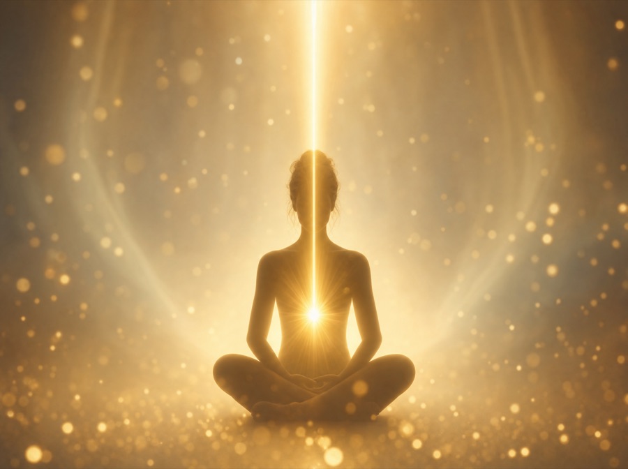 Siluetă în poziție de meditație cu o rază verticală de lumină prin creștet și inimă, simbol pentru recalibrare energetică