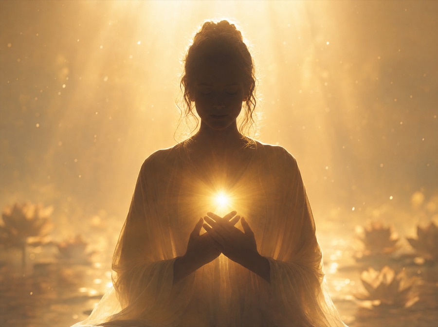 Femeie în rugăciune cu lumină aurie la inimă, înconjurată de flori de lotus, simbol pentru reconectarea cu lumina interioară