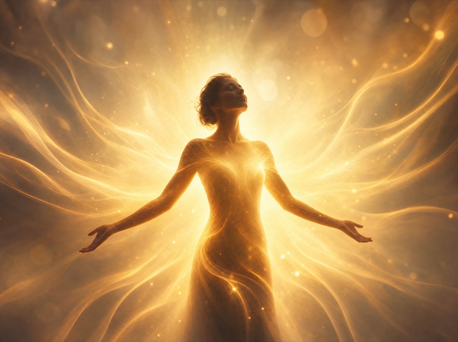 Siluetă cu brațele deschise, înconjurată de valuri de lumină aurie, simbol pentru transformare prin Lumina Divină